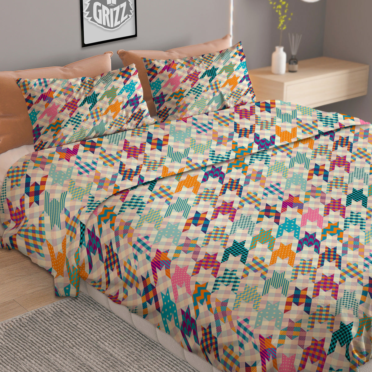 Houndstooth Colorful Plaid Print Pattern Duvet Cover Bedding Set