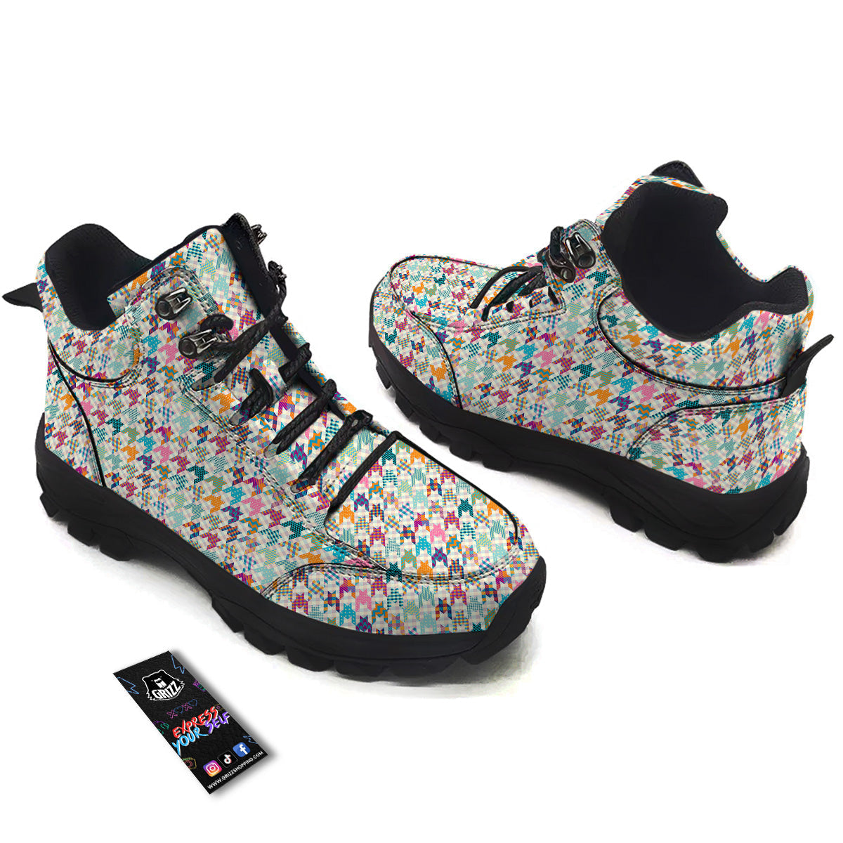 Houndstooth Colorful Plaid Print Pattern Hiking Shoes-grizzshop