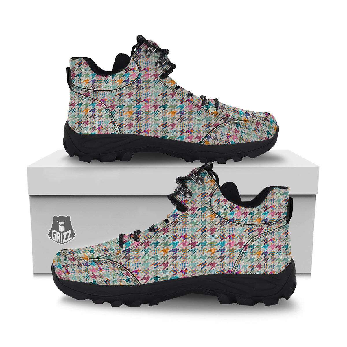 Houndstooth Colorful Plaid Print Pattern Hiking Shoes-grizzshop