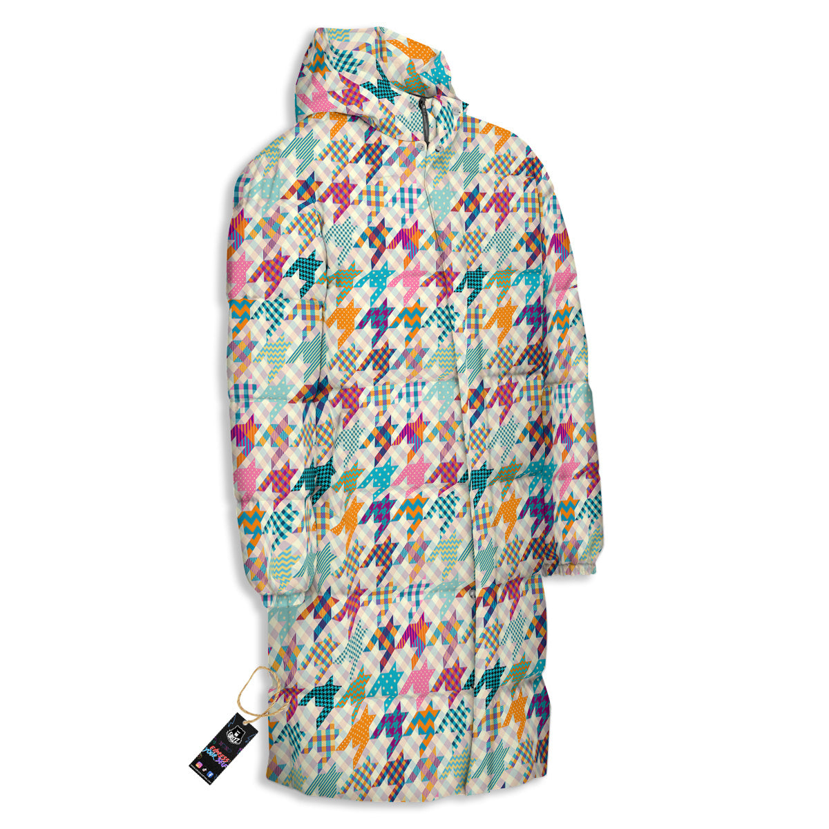 Houndstooth Colorful Plaid Print Pattern Long Down Jacket-grizzshop