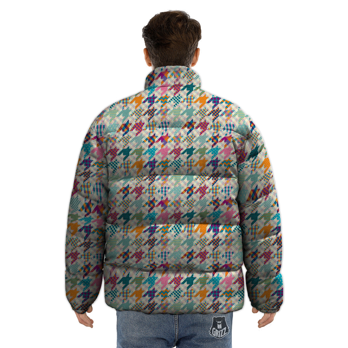 Houndstooth Colorful Plaid Print Pattern Puffer Jacket-grizzshop
