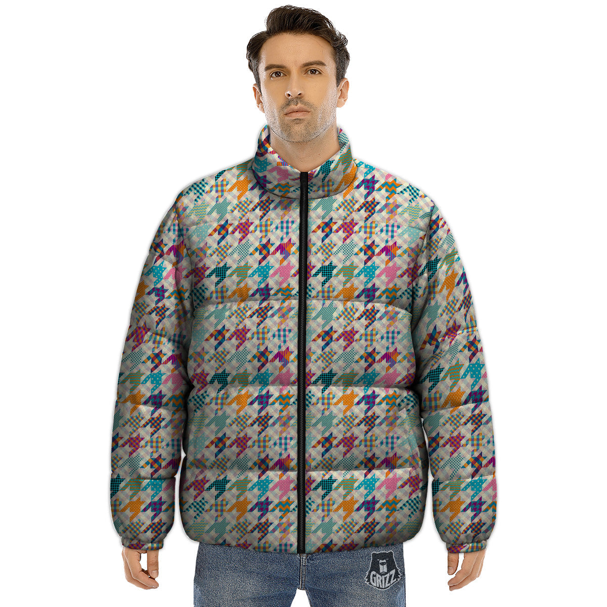 Houndstooth Colorful Plaid Print Pattern Puffer Jacket-grizzshop