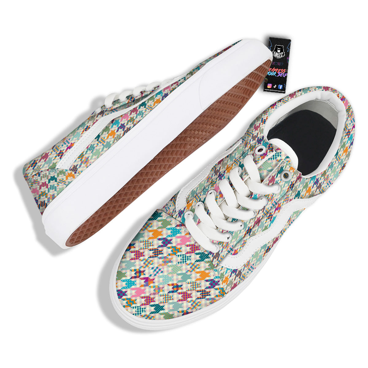 Houndstooth Colorful Plaid Print Pattern Skate Shoes-grizzshop