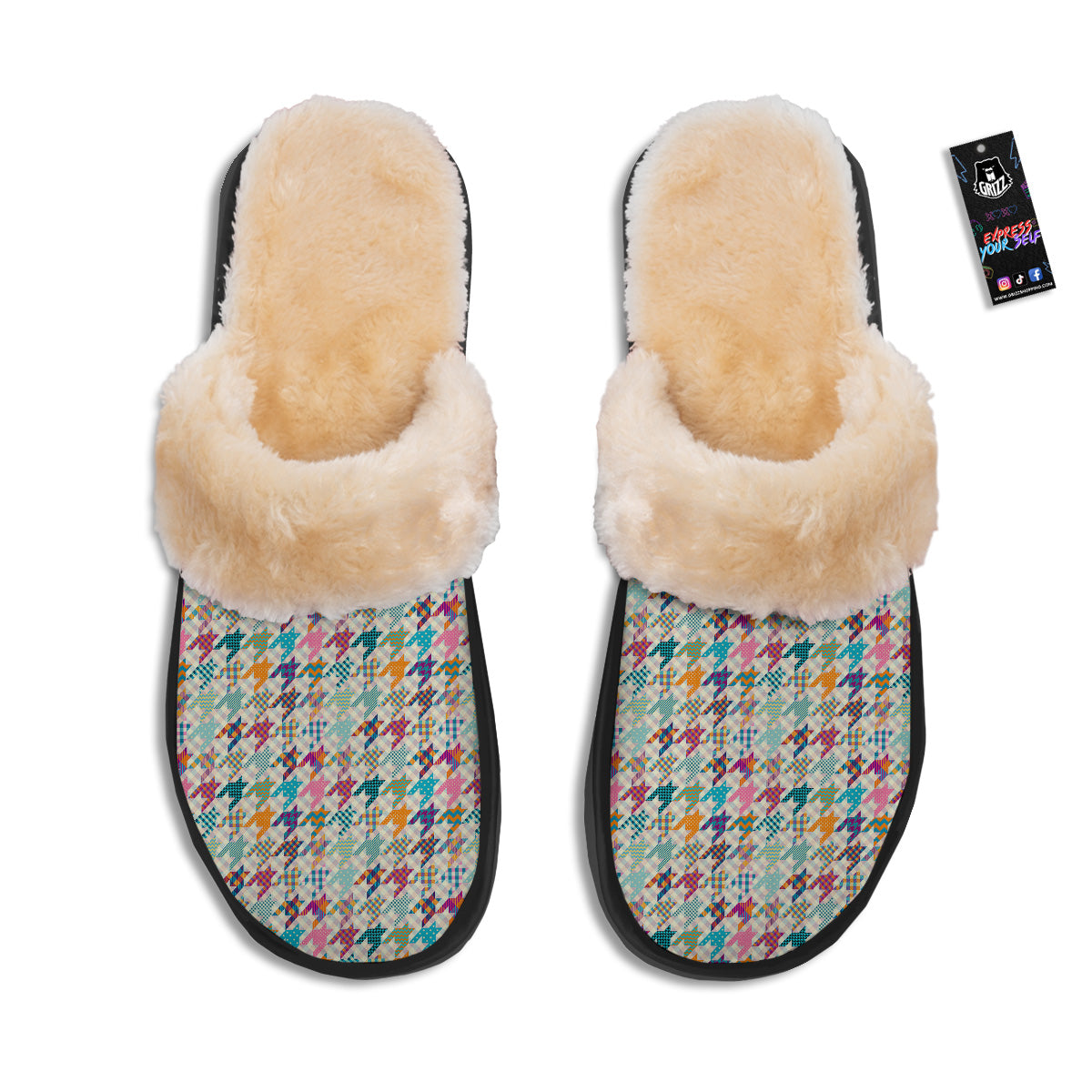 Houndstooth Colorful Plaid Print Pattern Slippers-grizzshop