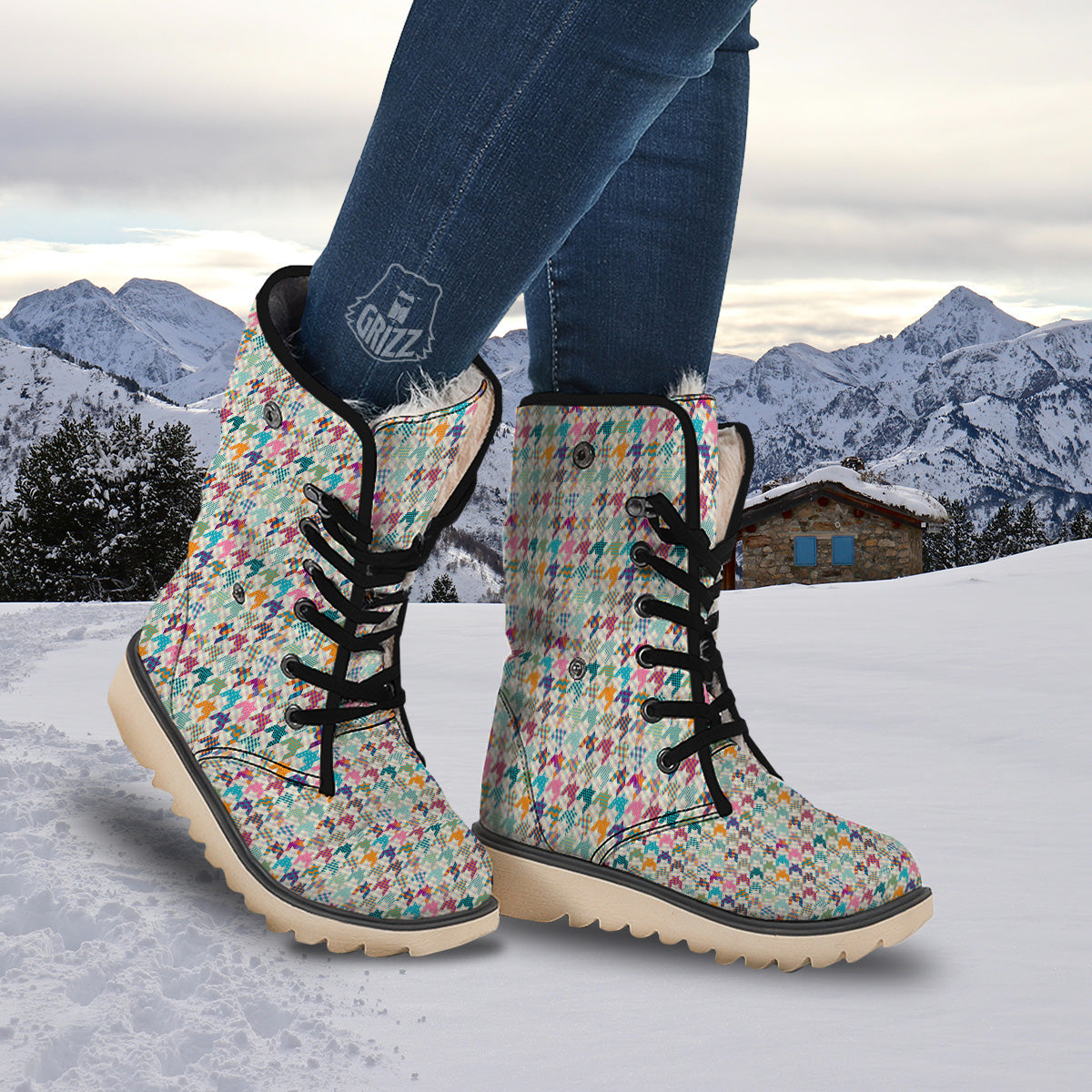 Houndstooth Colorful Plaid Print Pattern Snow Boots-grizzshop