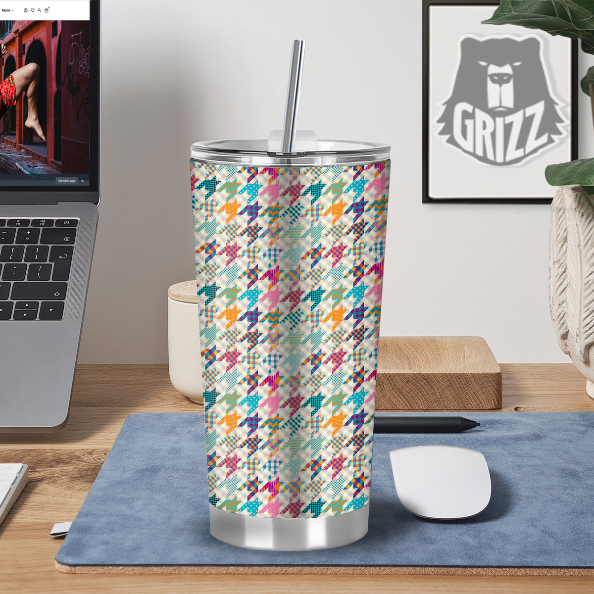 Houndstooth Colorful Plaid Print Pattern Tumbler-grizzshop