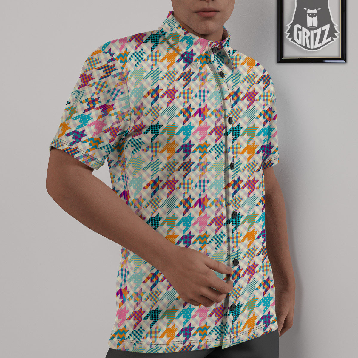 Houndstooth Colorful Plaid Print Pattern Untucked Shirts-grizzshop