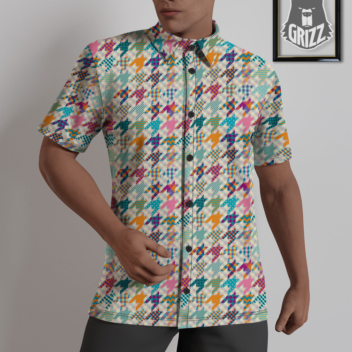 Houndstooth Colorful Plaid Print Pattern Untucked Shirts-grizzshop