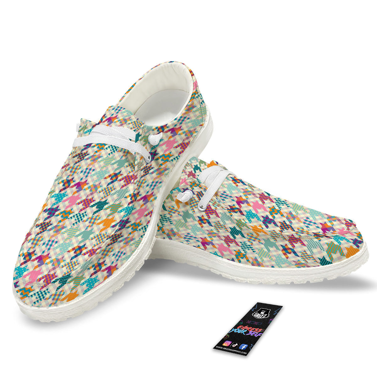Houndstooth Colorful Plaid Print Pattern White Loafers-grizzshop