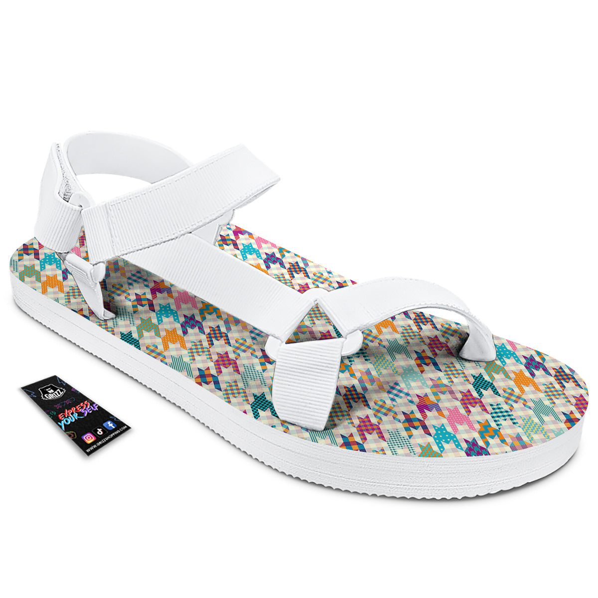 Houndstooth Colorful Plaid Print Pattern White Open Toe Sandals-grizzshop
