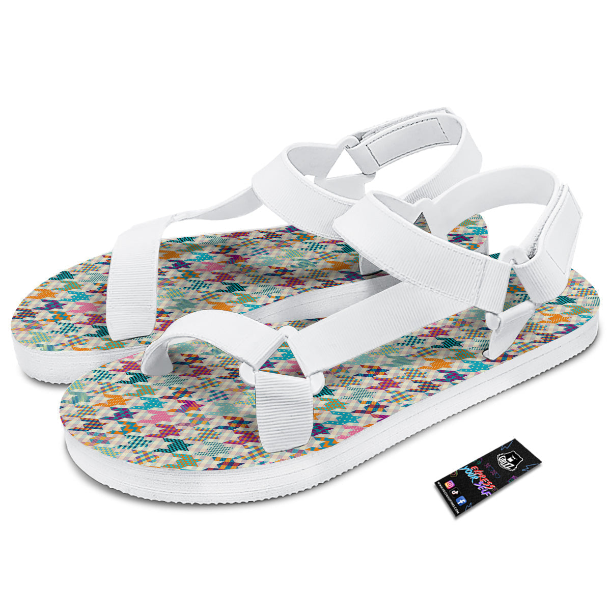 Houndstooth Colorful Plaid Print Pattern White Open Toe Sandals-grizzshop