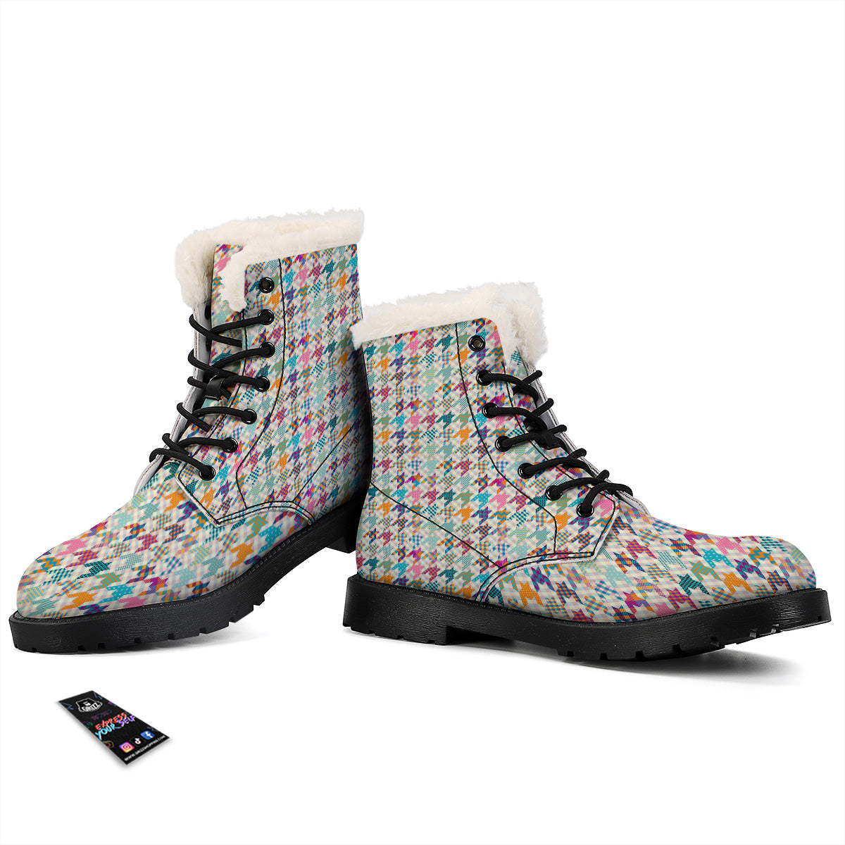 Houndstooth Colorful Plaid Print Pattern Winter Boots-grizzshop