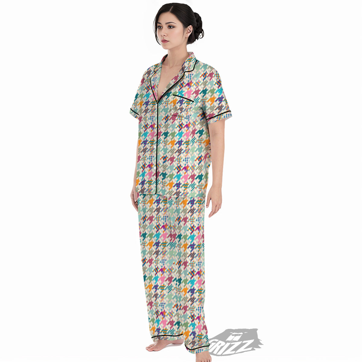 Houndstooth Colorful Plaid Print Pattern Women's Pajamas Set-grizzshop