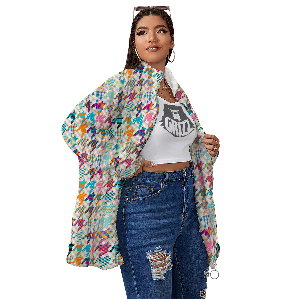 Houndstooth Colorful Plaid Print Pattern Women's Sherpa Jacket-grizzshop