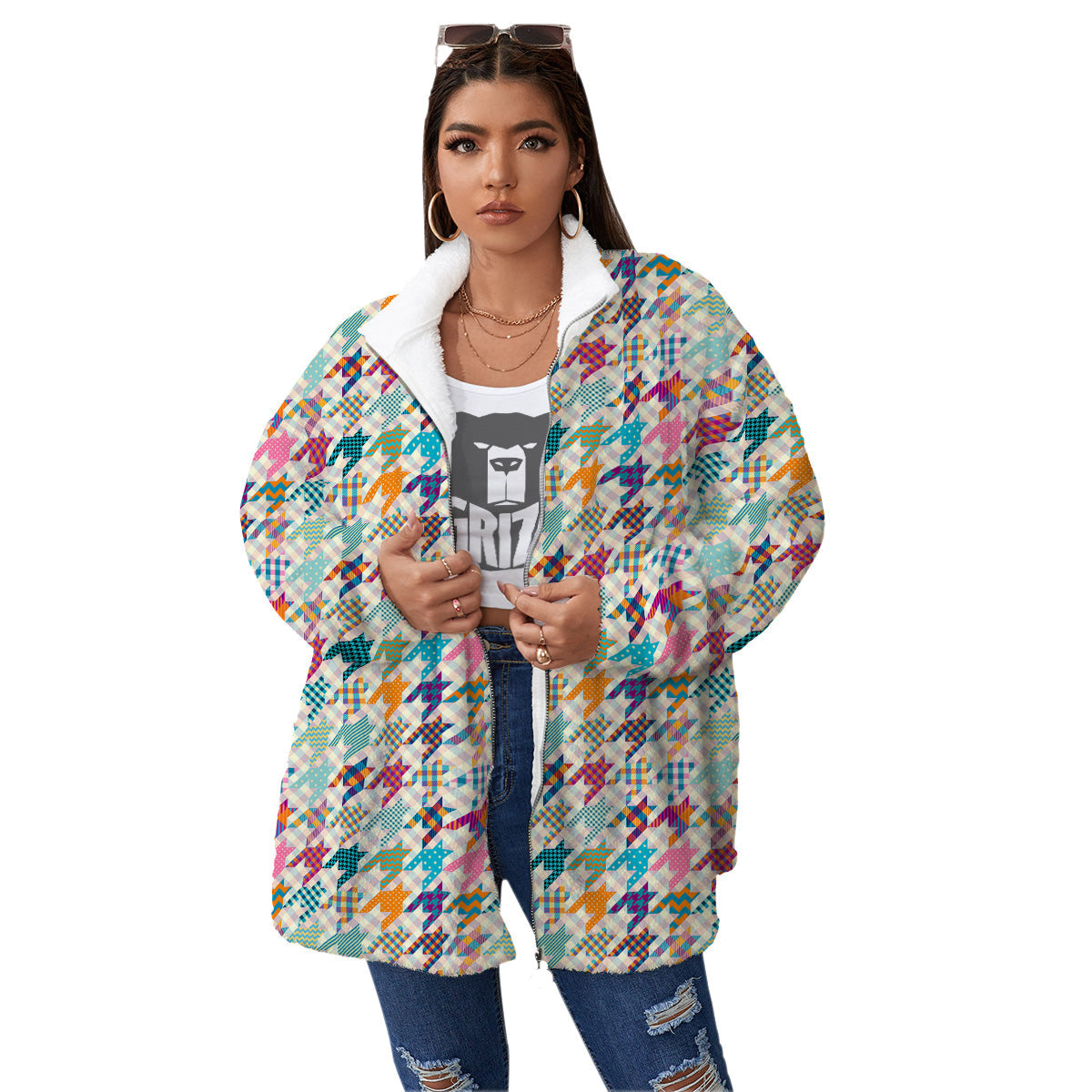 Houndstooth Colorful Plaid Print Pattern Women's Sherpa Jacket-grizzshop