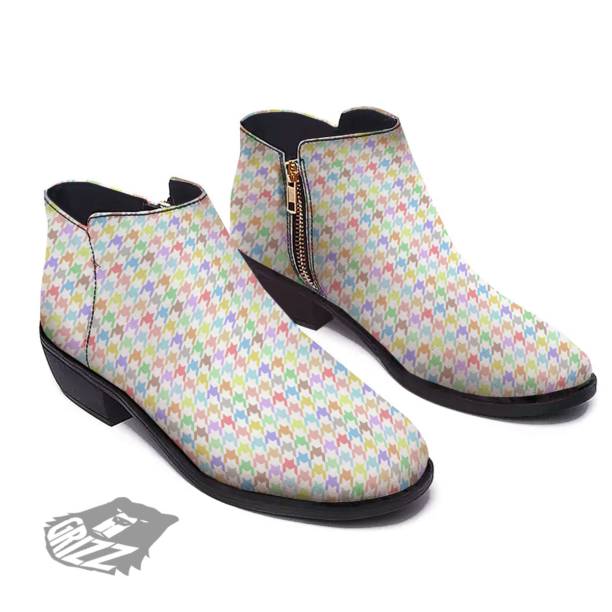 Houndstooth Colorful Print Ankle Boots-grizzshop