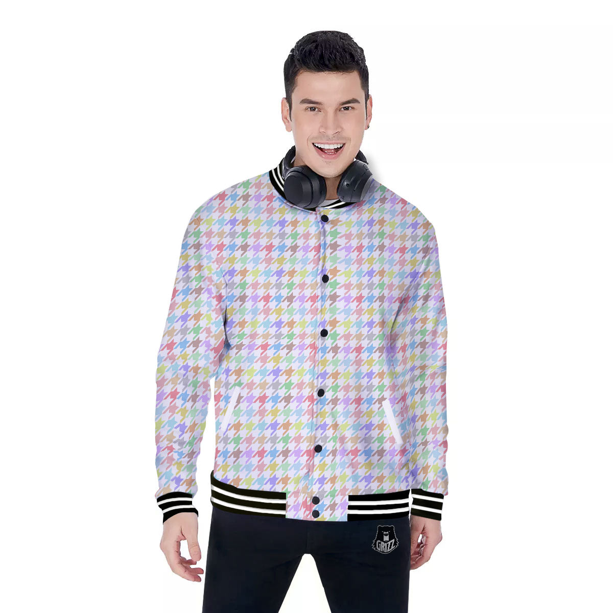 Houndstooth Colorful Print Baseball Jacket-grizzshop