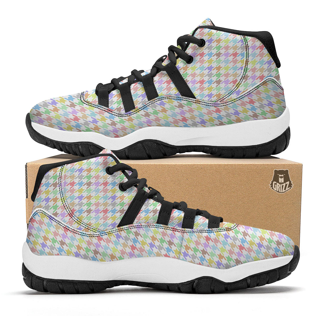 Houndstooth Colorful Print Black Bball Shoes-grizzshop