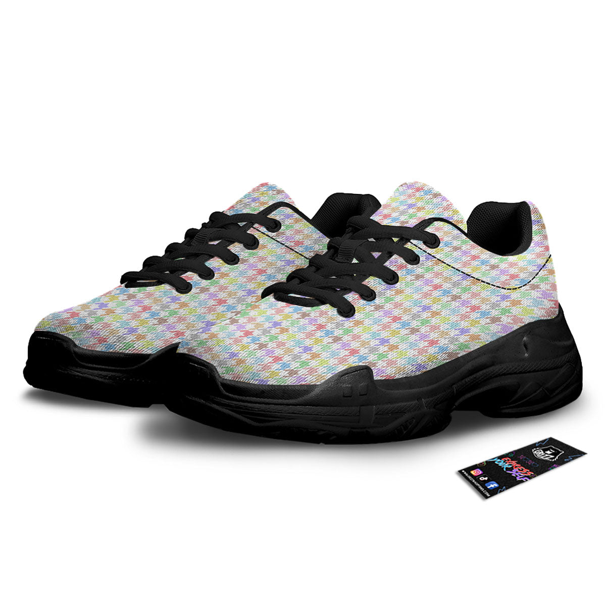 Houndstooth Colorful Print Black Chunky Shoes-grizzshop