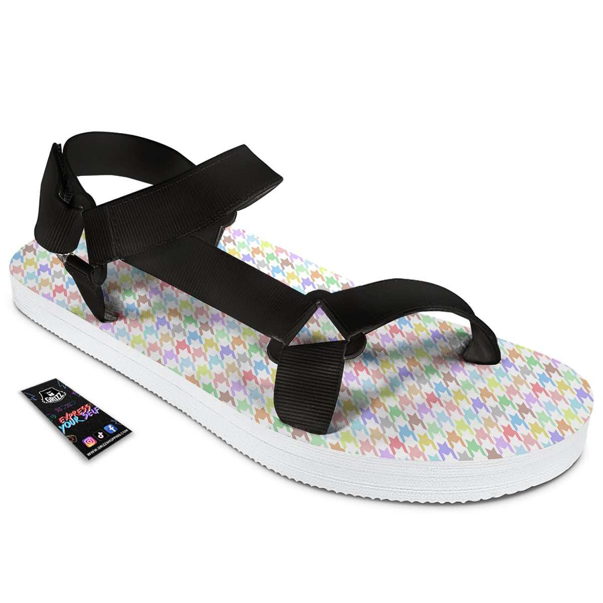 Houndstooth Colorful Print Black Open Toe Sandals-grizzshop