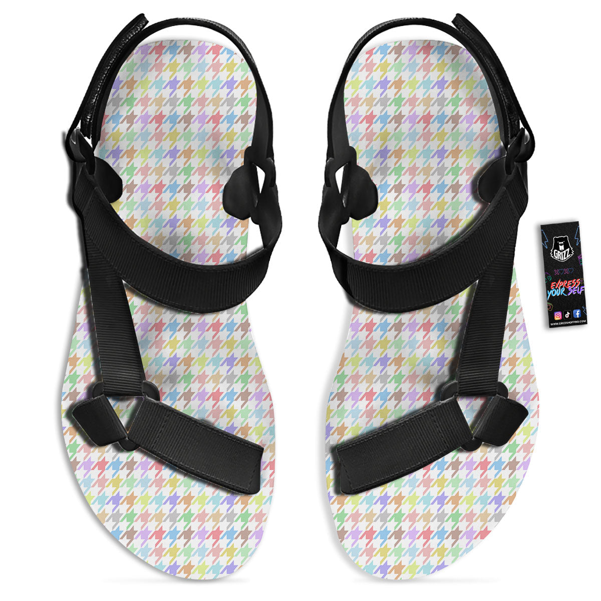 Houndstooth Colorful Print Black Open Toe Sandals-grizzshop