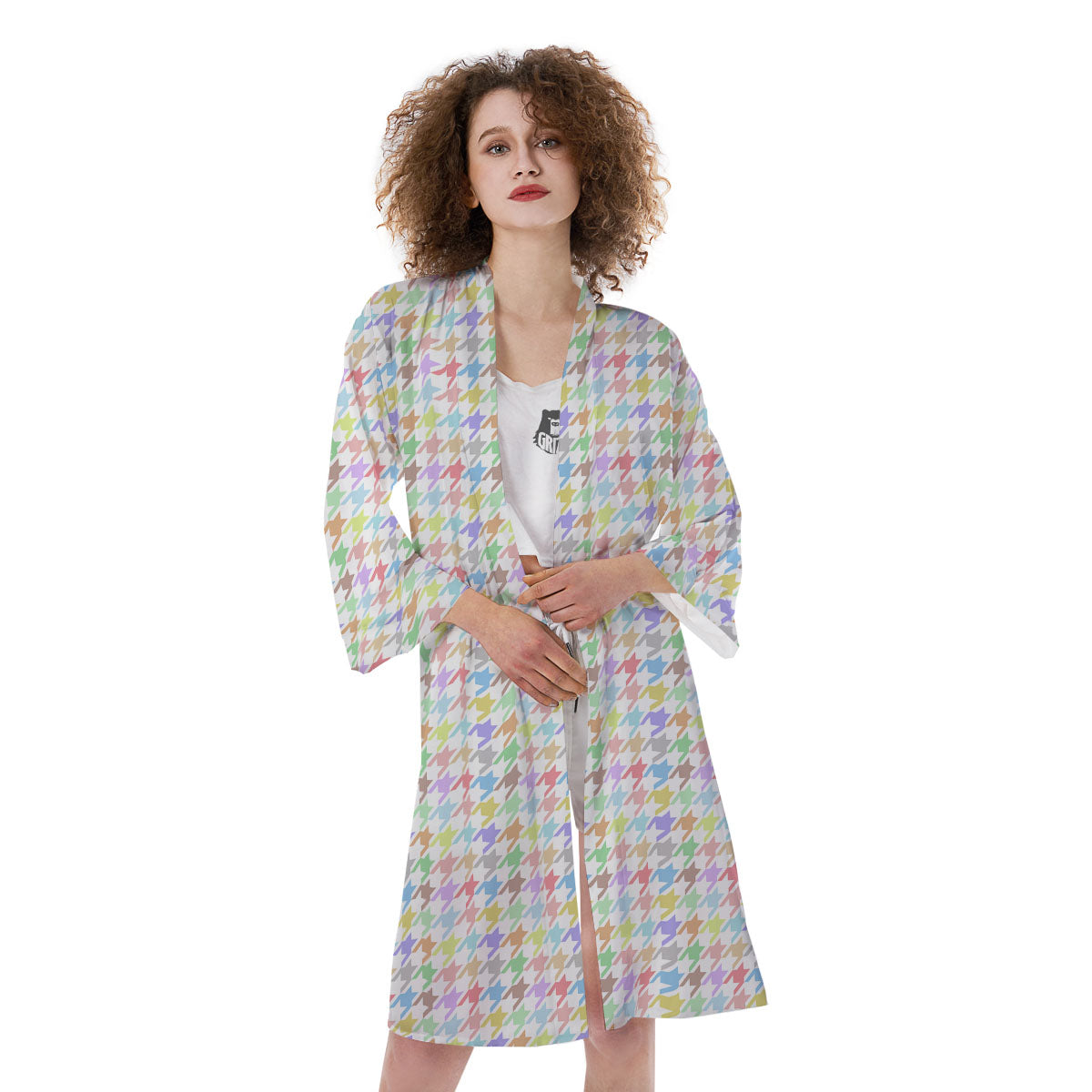 Houndstooth Colorful Print Kimono-grizzshop