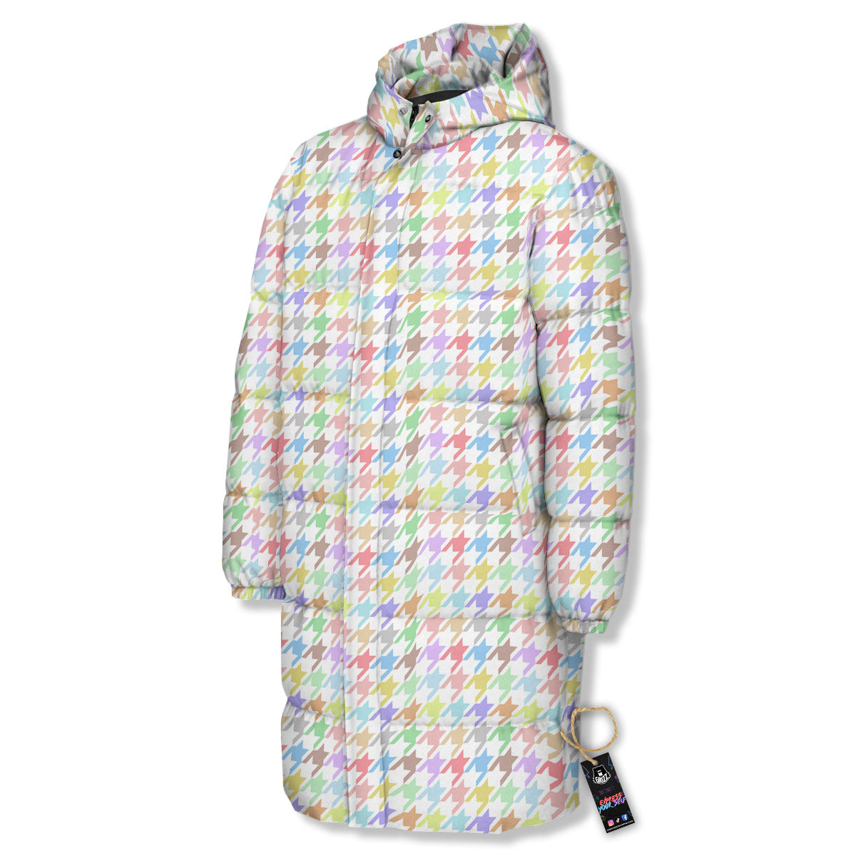 Houndstooth Colorful Print Long Down Jacket-grizzshop
