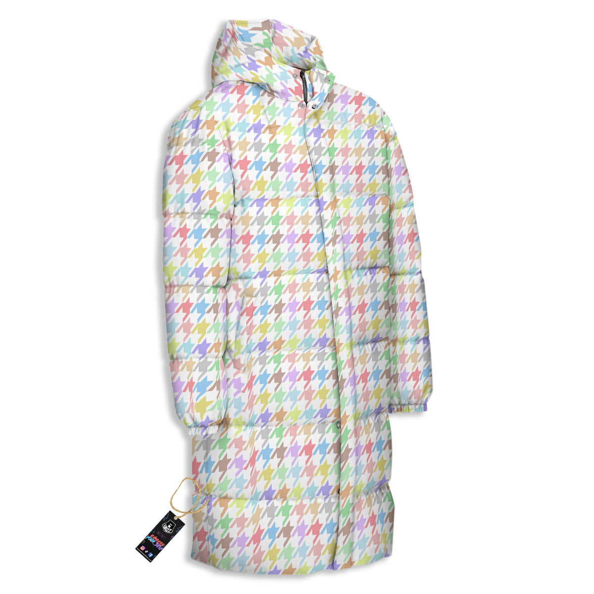 Houndstooth Colorful Print Long Down Jacket-grizzshop