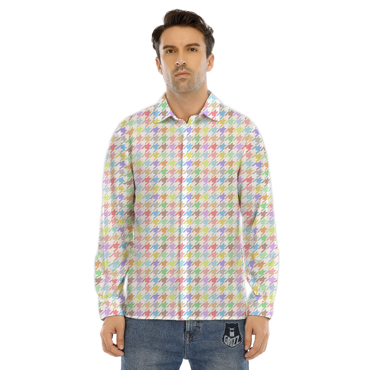 Houndstooth Colorful Print Men's Dress Shirts-grizzshop