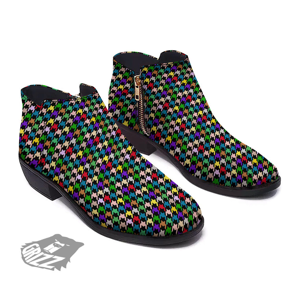 Houndstooth Colorful Print Pattern Ankle Boots-grizzshop