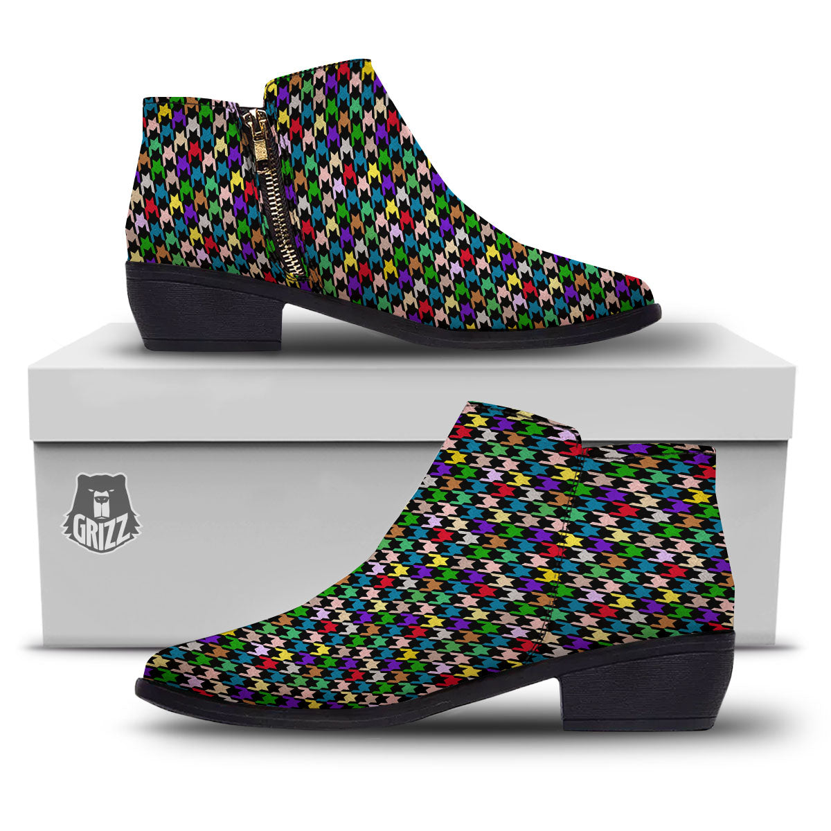 Houndstooth Colorful Print Pattern Ankle Boots-grizzshop