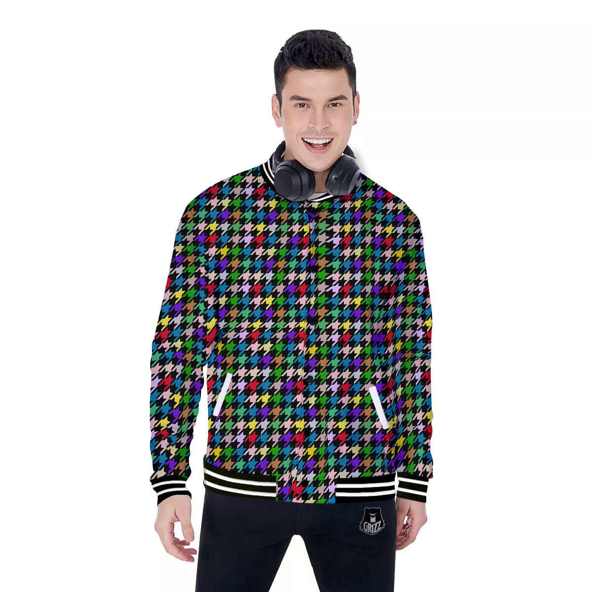 Houndstooth Colorful Print Pattern Baseball Jacket-grizzshop