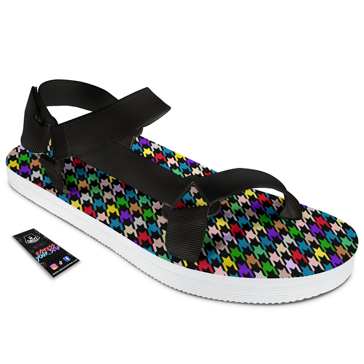 Houndstooth Colorful Print Pattern Black Open Toe Sandals-grizzshop
