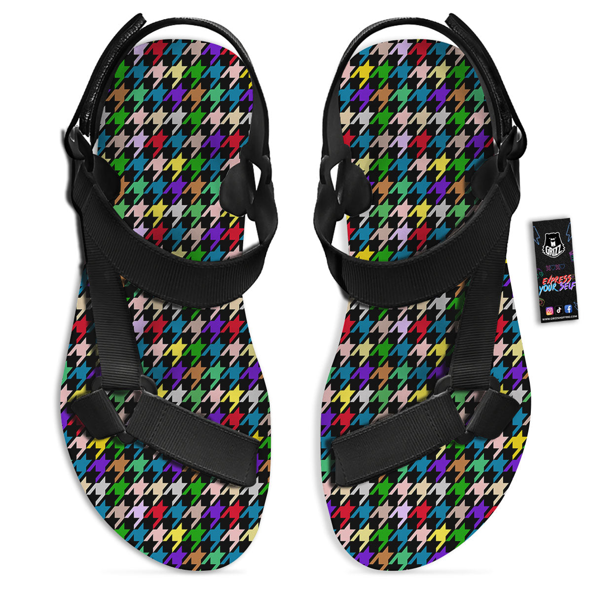 Houndstooth Colorful Print Pattern Black Open Toe Sandals-grizzshop