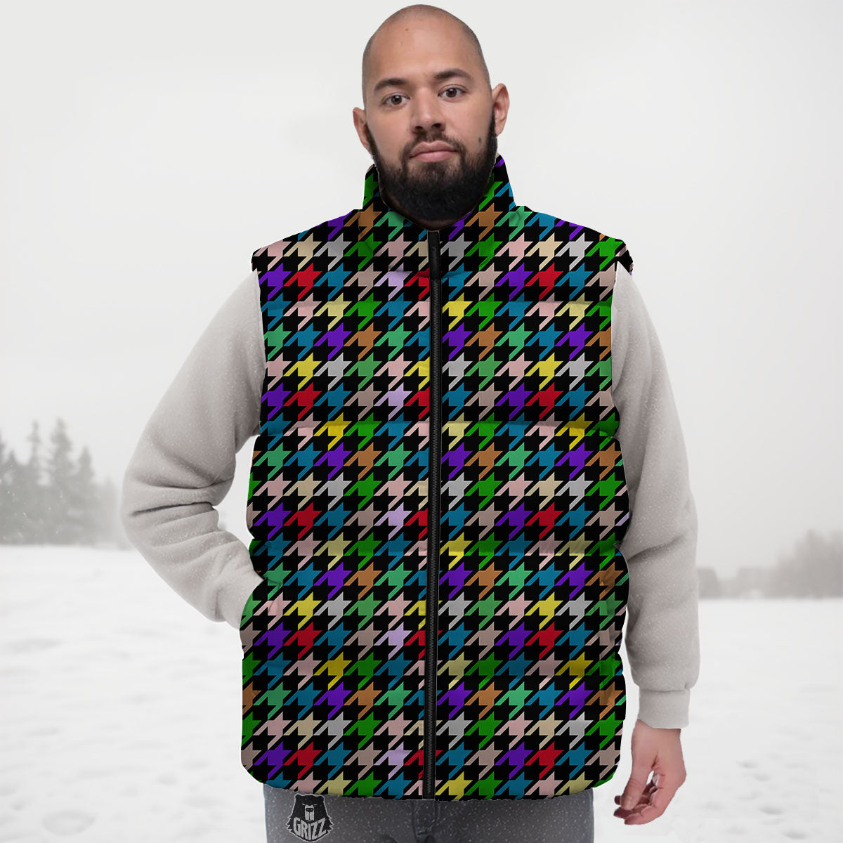Houndstooth Colorful Print Pattern Down Vest