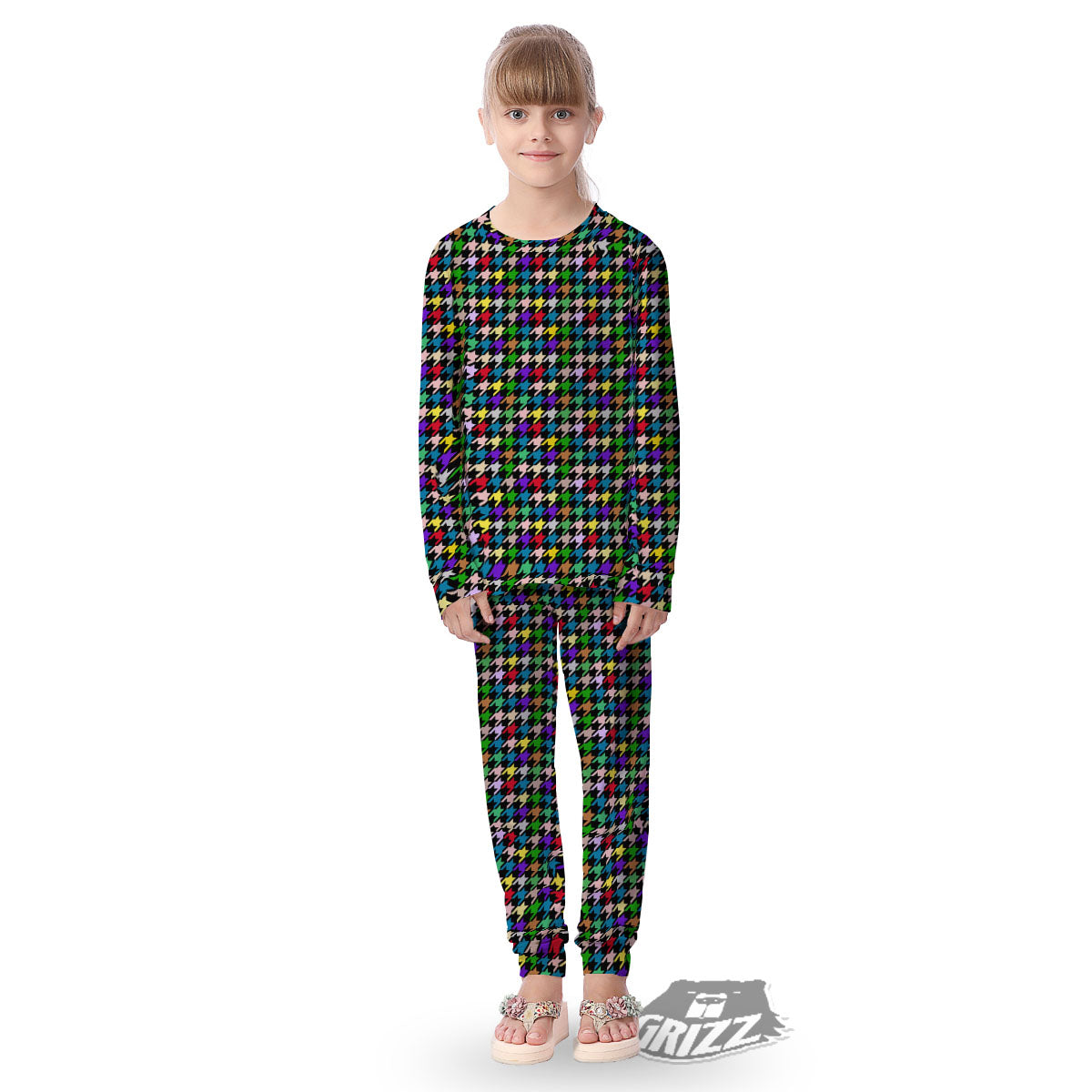 Houndstooth Colorful Print Pattern Kid's Pajamas-grizzshop