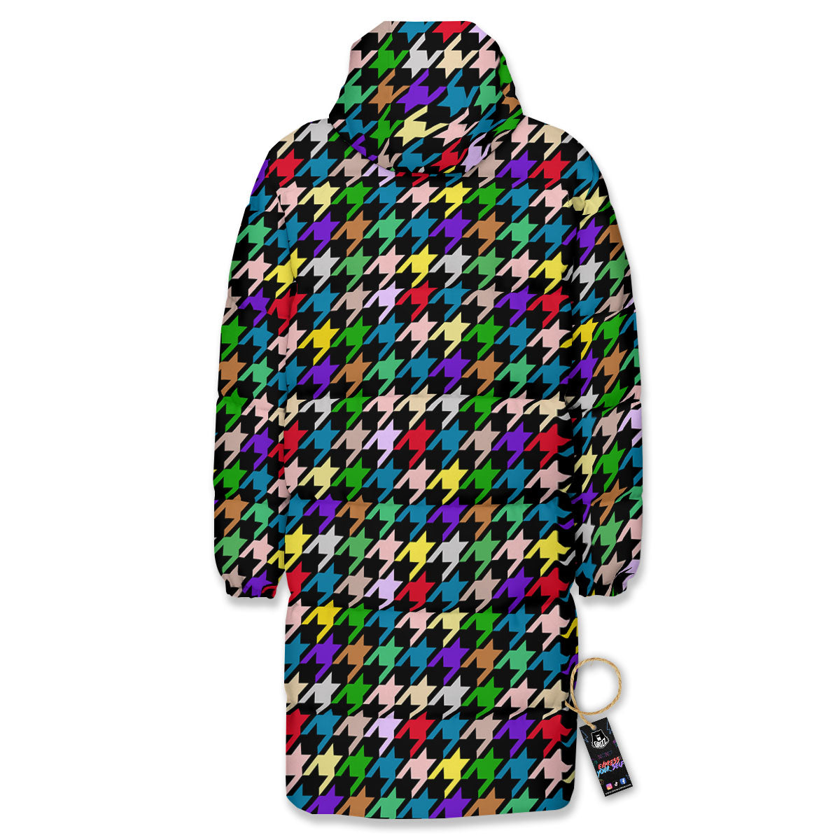 Houndstooth Colorful Print Pattern Long Down Jacket-grizzshop