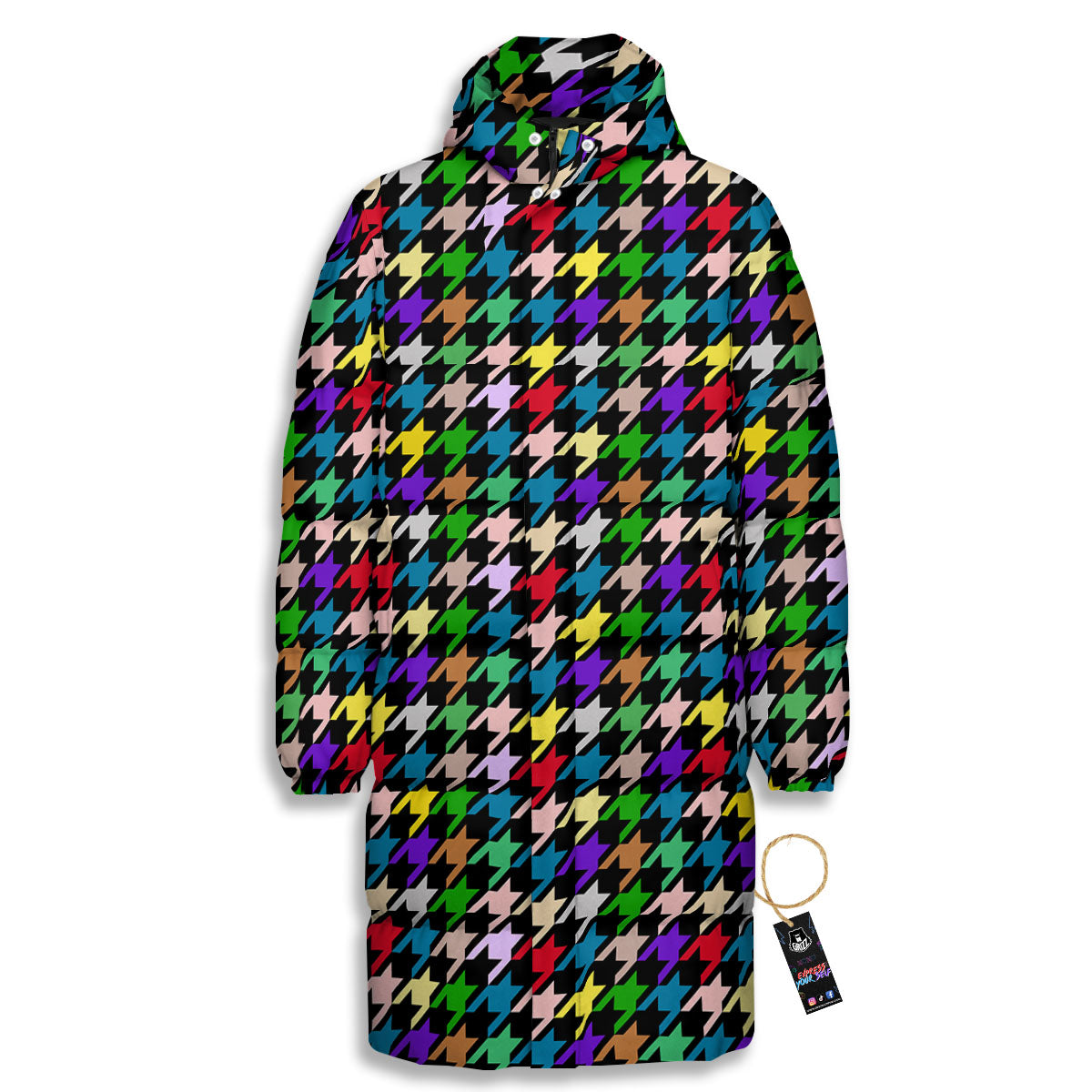 Houndstooth Colorful Print Pattern Long Down Jacket-grizzshop
