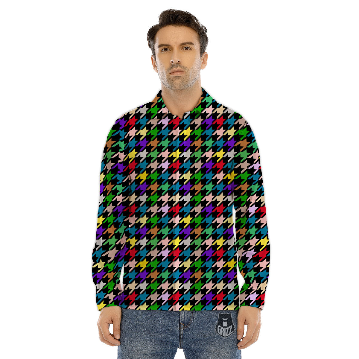 Houndstooth Colorful Print Pattern Men's Dress Shirts-grizzshop