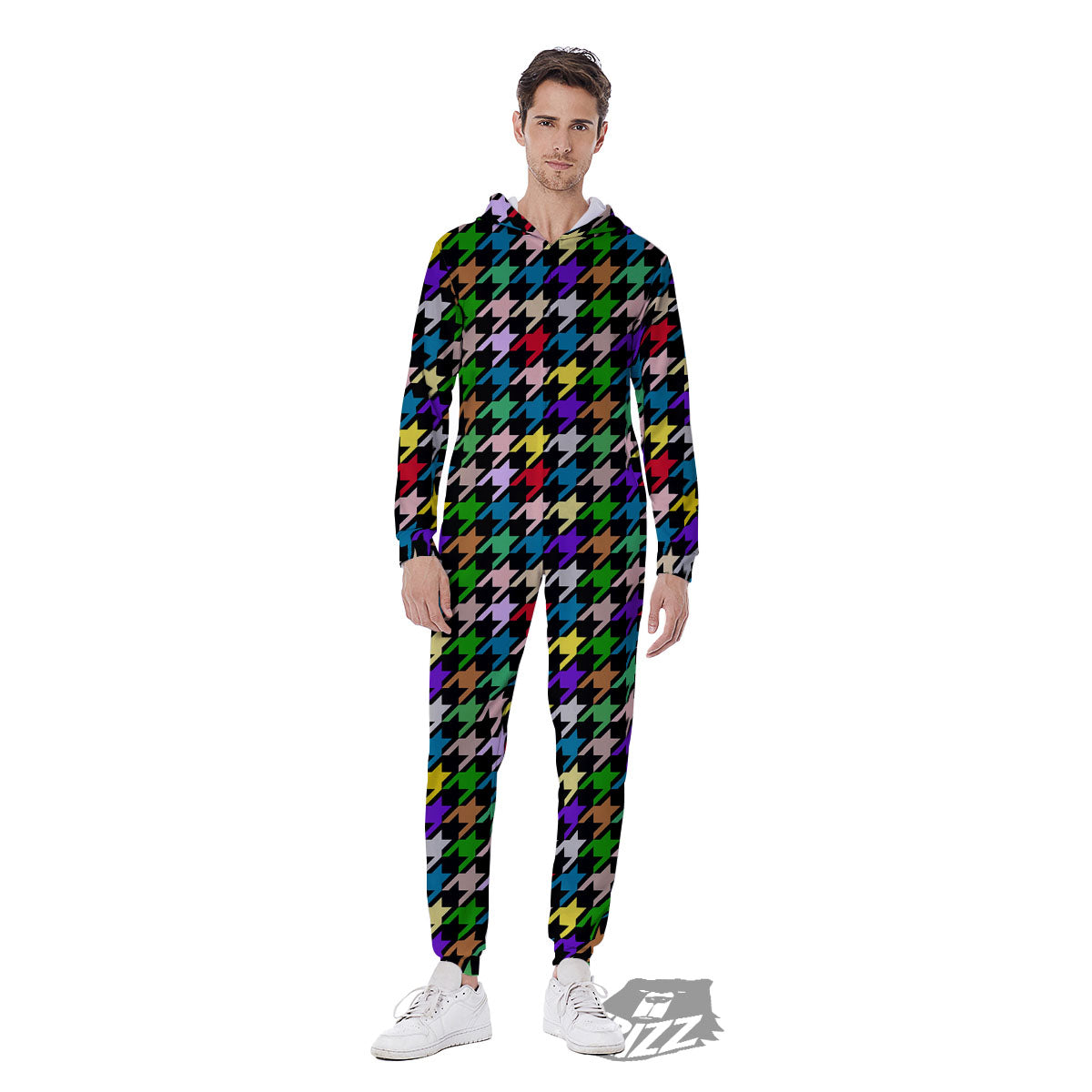 Houndstooth Colorful Print Pattern Men's Jumpsuit-grizzshop