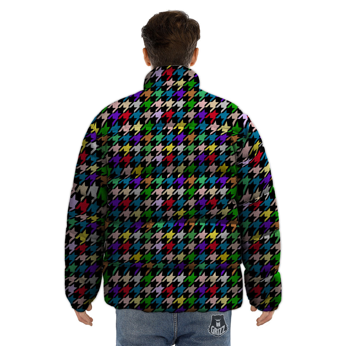 Houndstooth Colorful Print Pattern Puffer Jacket-grizzshop