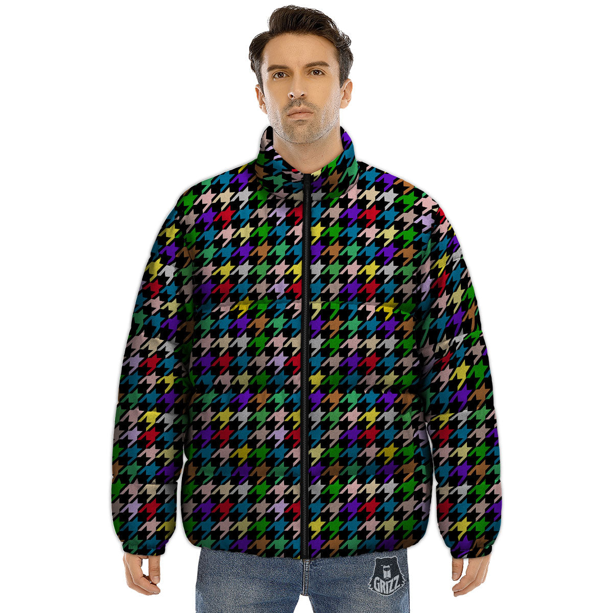 Houndstooth Colorful Print Pattern Puffer Jacket-grizzshop