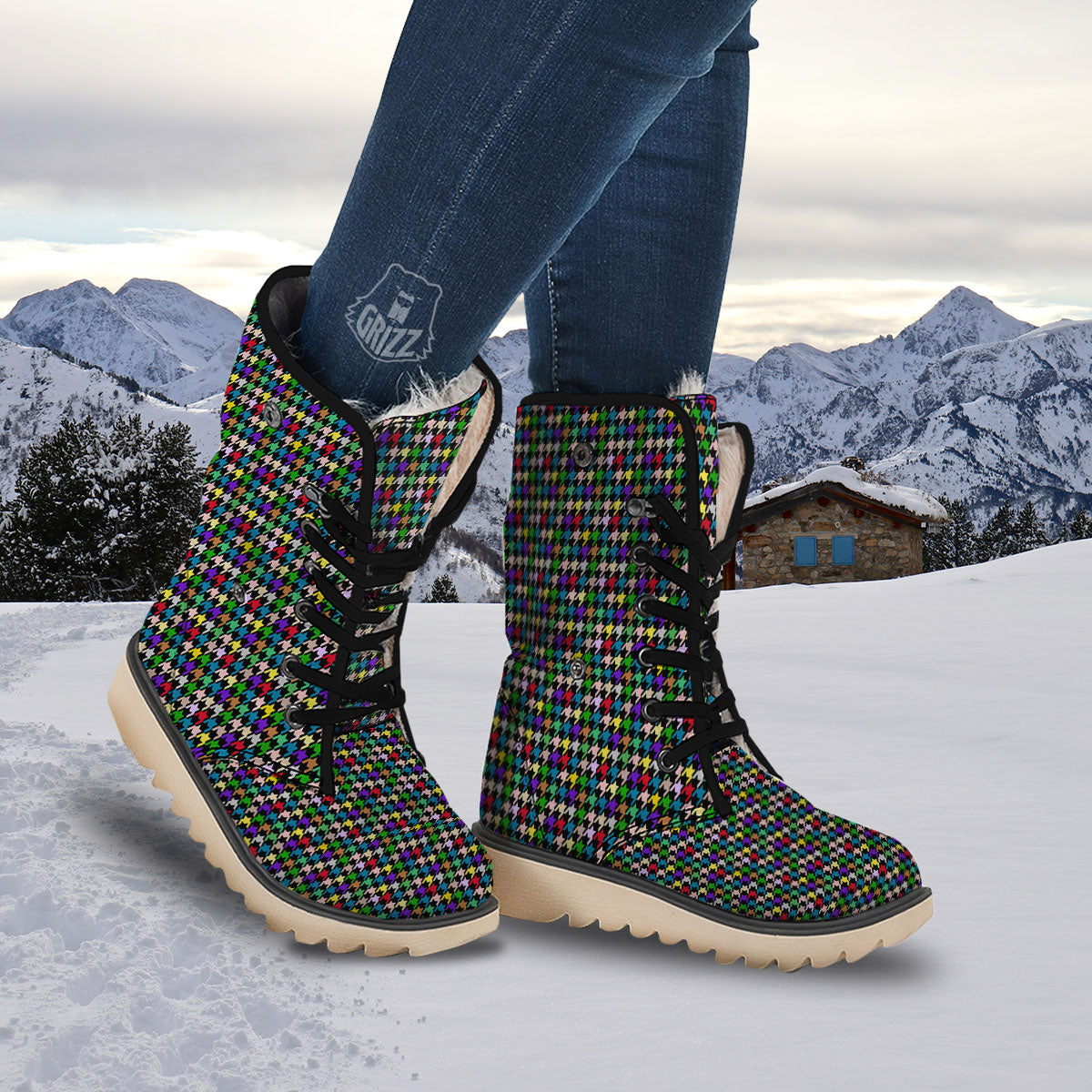 Houndstooth Colorful Print Pattern Snow Boots-grizzshop