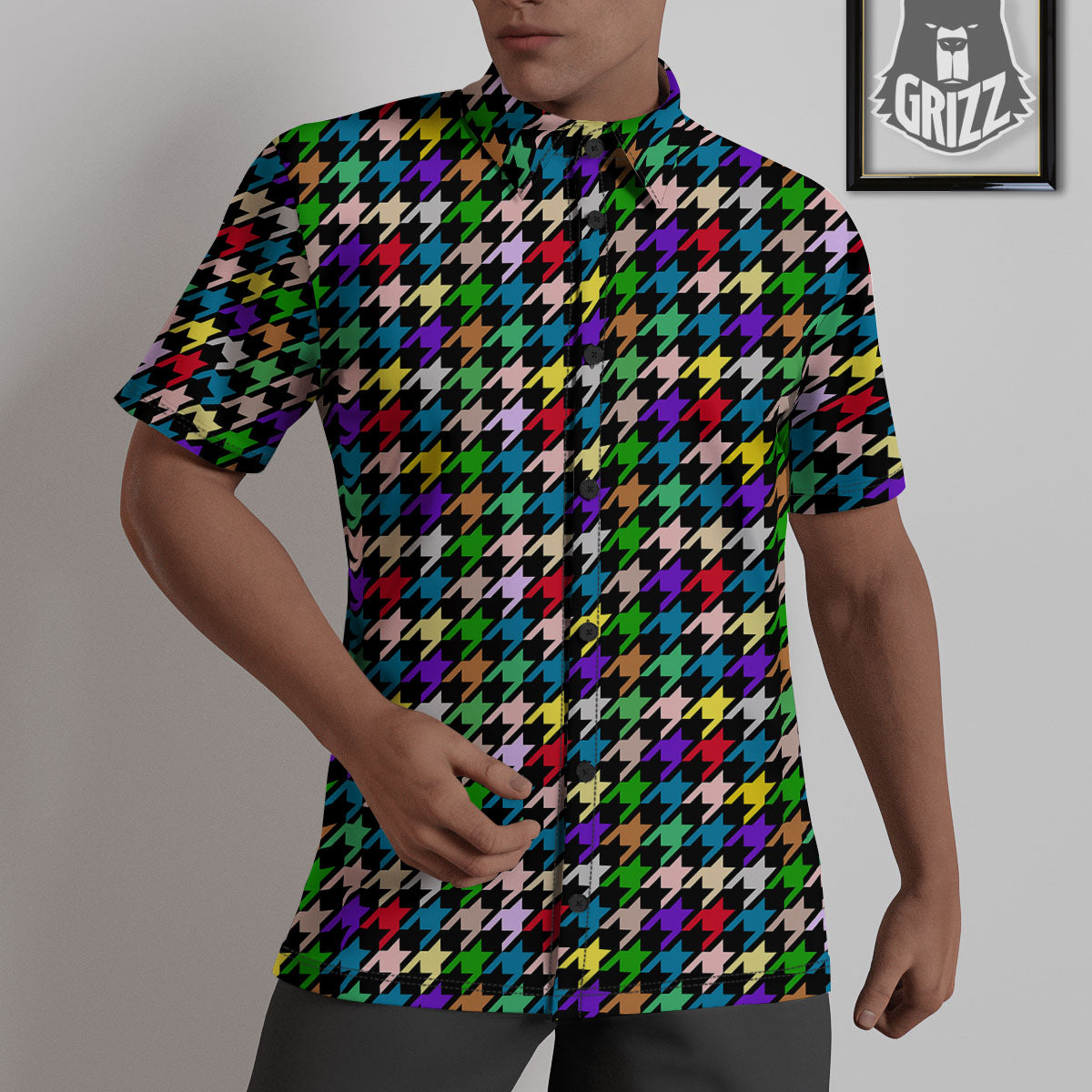 Houndstooth Colorful Print Pattern Untucked Shirts-grizzshop
