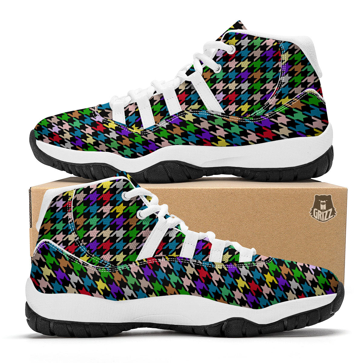 Houndstooth Colorful Print Pattern White Bball Shoes-grizzshop