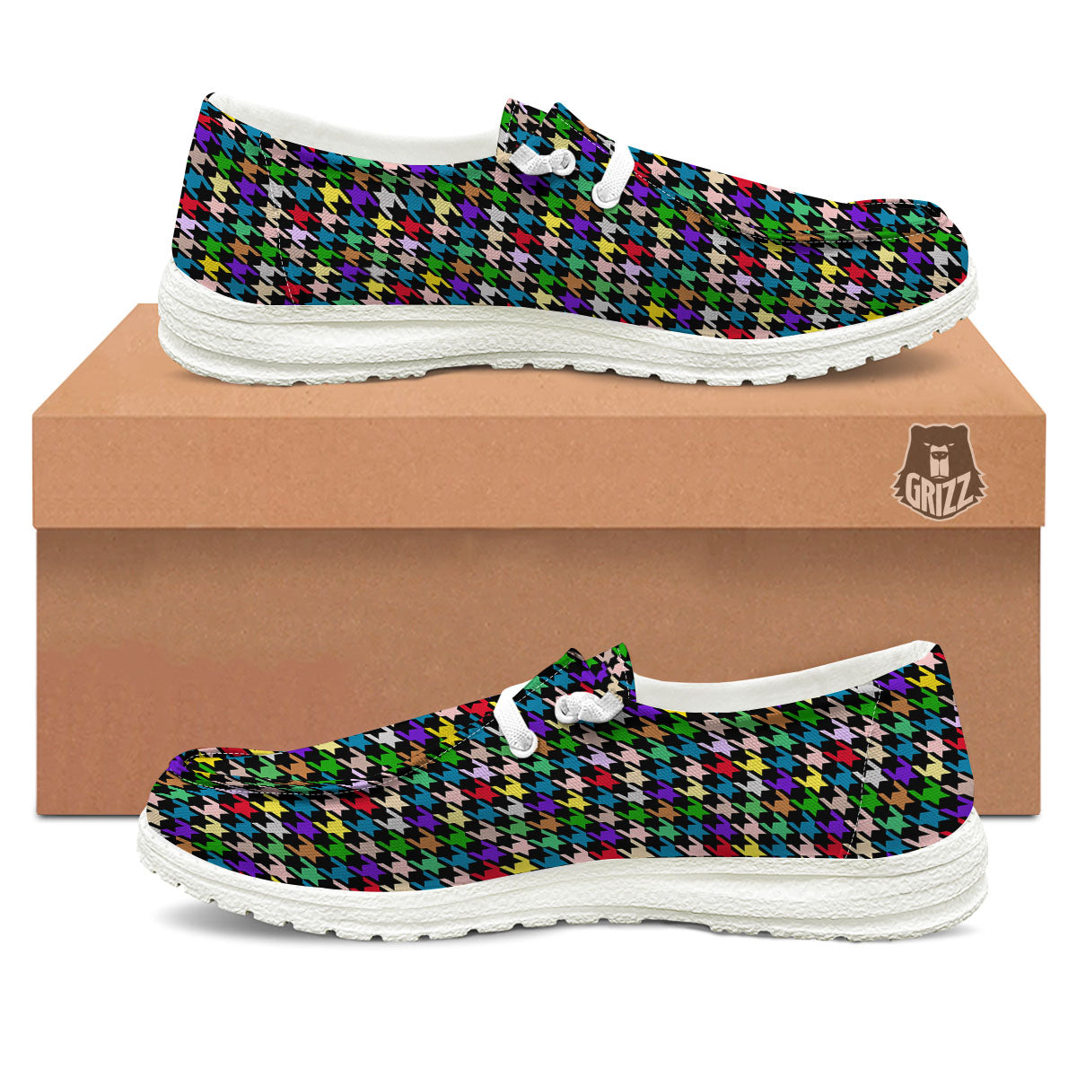 Houndstooth Colorful Print Pattern White Loafers-grizzshop