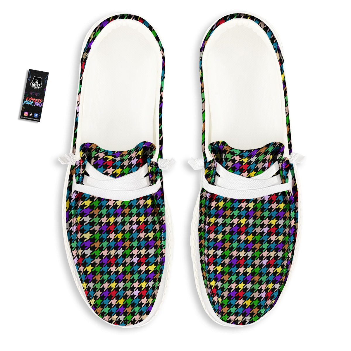 Houndstooth Colorful Print Pattern White Loafers-grizzshop