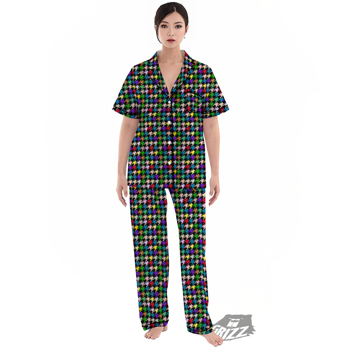 Houndstooth Colorful Print Pattern Women's Pajamas Set-grizzshop