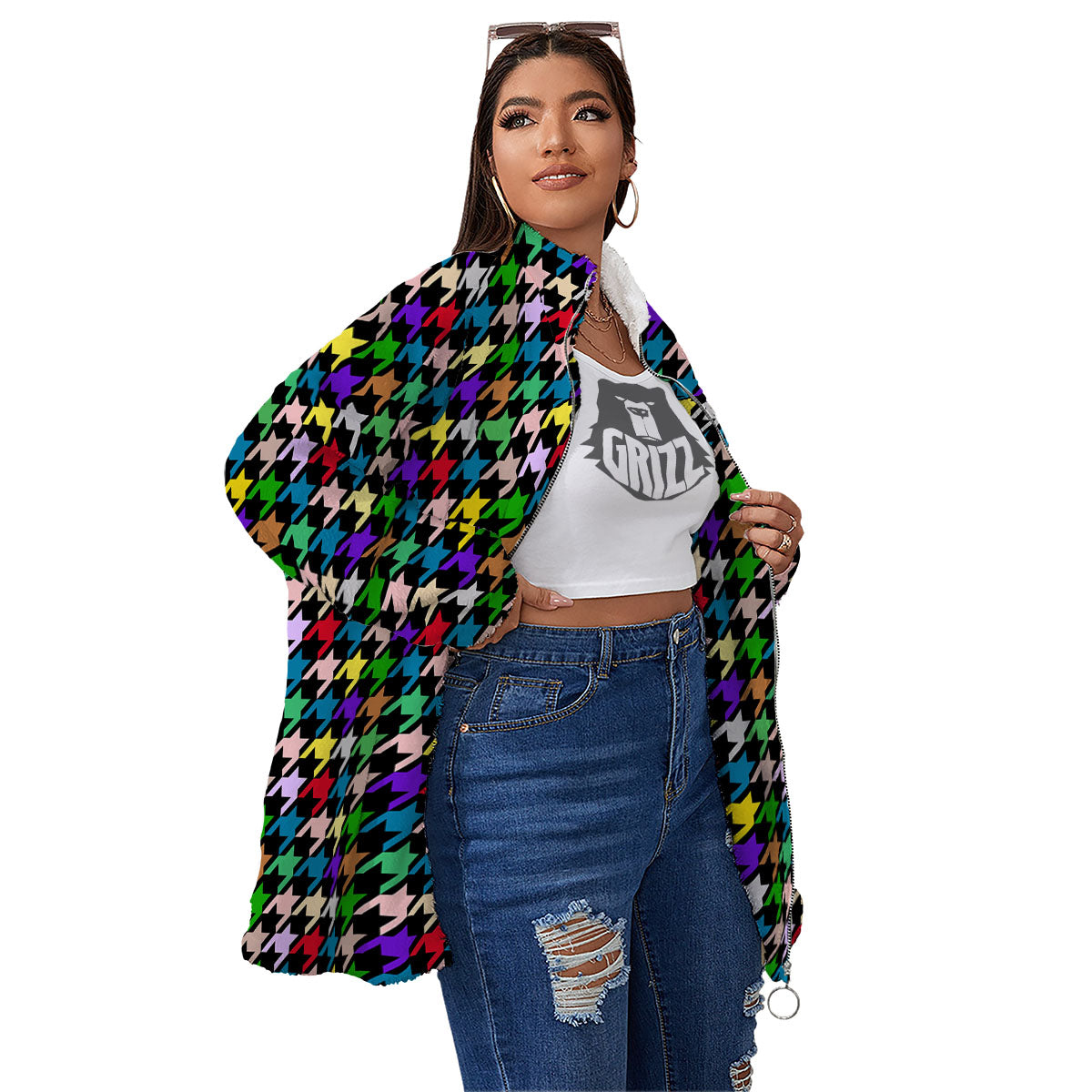 Houndstooth Colorful Print Pattern Women's Sherpa Jacket-grizzshop