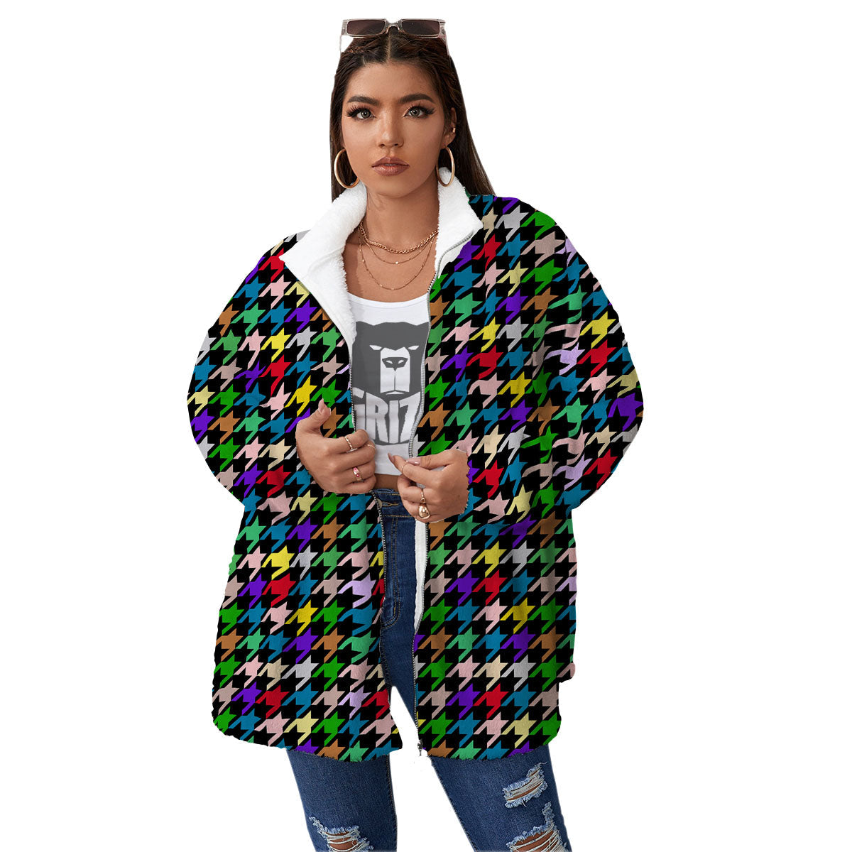 Houndstooth Colorful Print Pattern Women's Sherpa Jacket-grizzshop